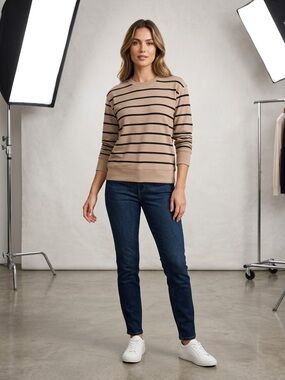 George Beige and Black Striped Long Sleeve Crew Sweatshirt